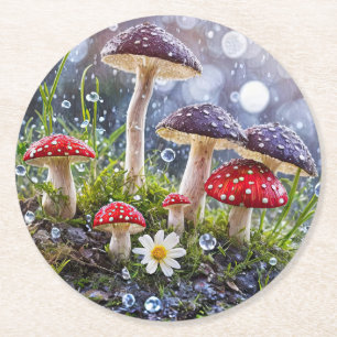 Bezaubernde Wald-Pilze in Regen Runder Pappuntersetzer