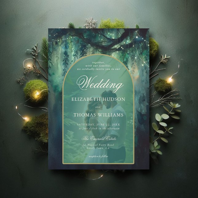 Bezaubernde Waldgrün Boho Arch Foto Hochzeit Einladung (enchanted forest wedding theme invitation magical fairy garden boho arch photo overlay elegant chic)