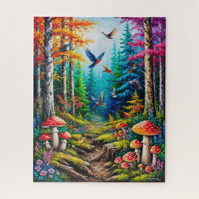 Bezaubernde Waldlandschaft mit farbenfrohen Vögeln (Vertikal)