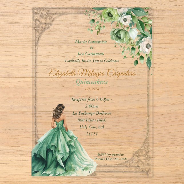 Bezaubernde Waldlandschaft Quinceañera Acryleinladungen (Vorderseite)