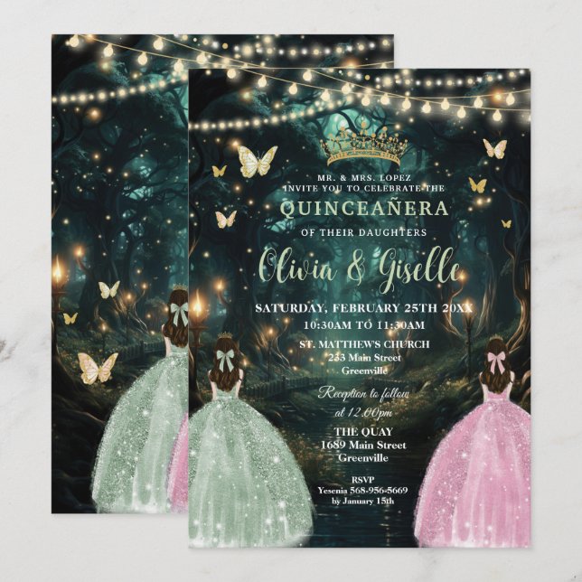 Bezaubernde Waldmagen Grün Rosa Twins Quinceañera Einladung (Vorne/Hinten)