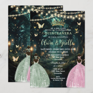 Bezaubernde Waldmagen Grün Rosa Twins Quinceañera Einladung