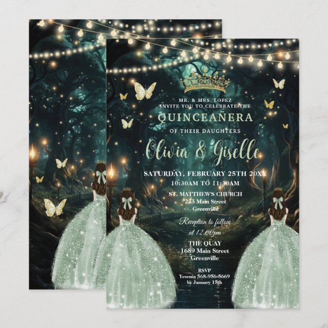 Bezaubernde Waldmagen Grüne Twins Quinceañera Einladung (Vorne/Hinten)
