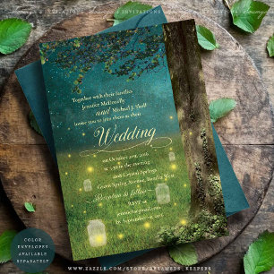Bezaubernde Waldmason Jar Fireflies Hochzeit Einladung