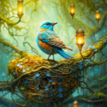 Bezaubernde Waldszene mit Vogel und Laternen<br><div class="desc">Eine magische Illustration eines hellblauen Vogels auf einem Nest zwischen mystisch leuchtenden Laternen und üppiger Vegetation inmitten eines bezaubernden Waldes,  das eine ruhige und skurrile Atmosphäre hervorruft. Ideal für Familien und Freunde.</div>