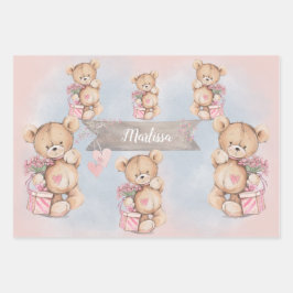 Bezaubernde Wasserfarbe Rosa Teddybären und Blume Geschenkpapier Set