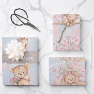 Bezaubernde Wasserfarbe Rosa Teddybären und Blume Geschenkpapier Set