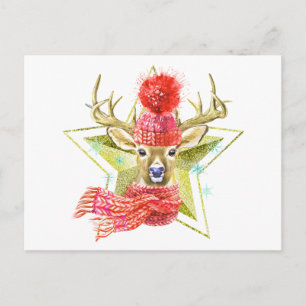 Bezaubernde Wasserfarbe Winter Hirsch Gold Star Postkarte