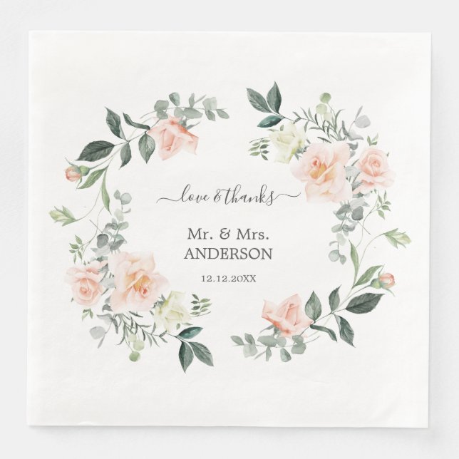 Bezaubernde Wasserfarben-Blush-Weiße Blume Hochzei Serviette (Vorderseite)