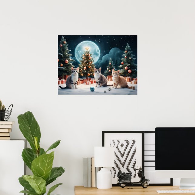 Bezaubernde Weihnachtsnacht mit Kätzchen Poster (Heimbüro)