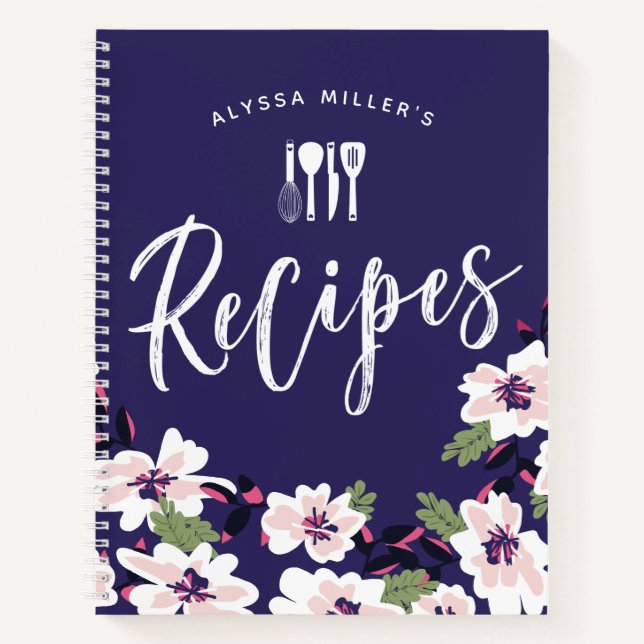 Bezaubernde weiße Blume Navy Blue Rezepte Notizbuch (Vorderseite)