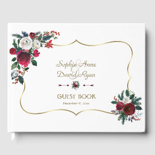 Bezaubernde Winter Burgund Pine Gold Hochzeit Gästebuch