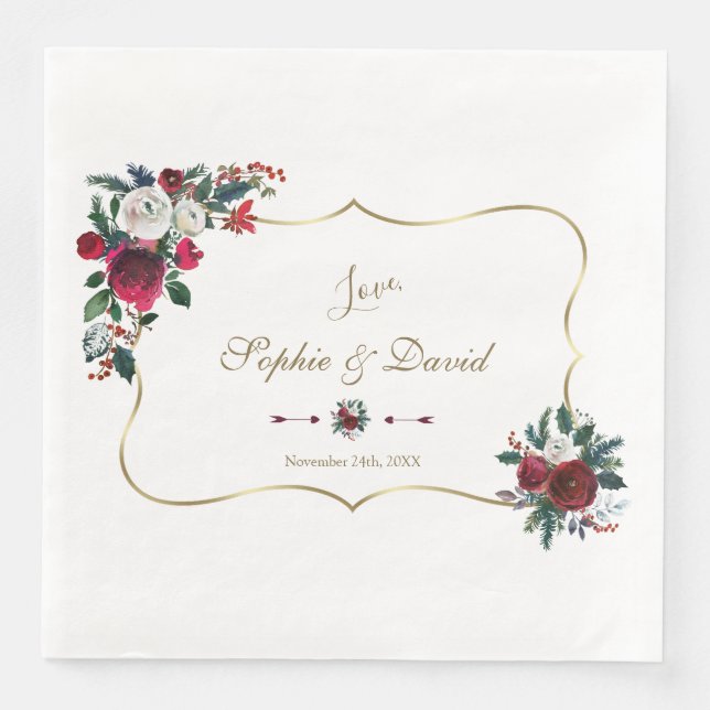 Bezaubernde Winter Burgund Pine Gold Hochzeit Serviette (Vorderseite)