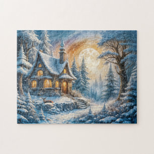 Bezaubernde Winter-Hütte im Mondlicht