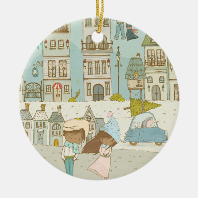 Bezaubernde Winterstadtlandschaft Keramik Ornament (Vorne)