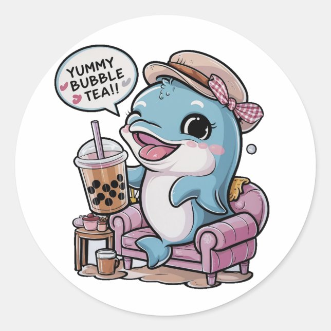 Bezaubernder Cartoon Dolphin: Gemütlich, Kawaii Vi Runder Aufkleber (Vorderseite)