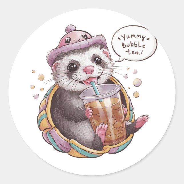 Bezaubernder Cartoon Domestic Ferret: Gemütliches  Runder Aufkleber (Vorderseite)