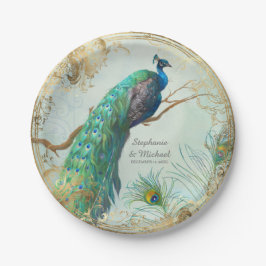 Bezaubernder Imitat-Goldblatt-Pfau auf der Pappteller