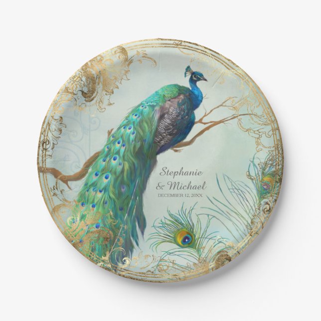 Bezaubernder Imitat-Goldblatt-Pfau auf der Pappteller (Vorderseite)