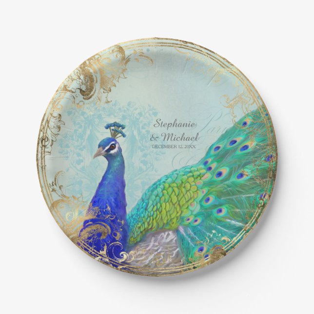 Bezaubernder Imitat-Goldblatt-Pfau-Schwanz Pappteller (Vorderseite)