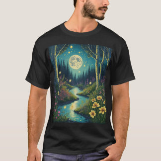 Bezaubernder Mondwald mit tanzenden Feuerwerken T-Shirt