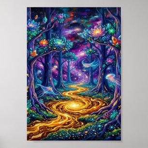bezaubernder Neo-Wald mit goldenem Fluss Kunst Poster