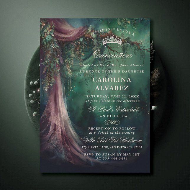 Bezaubernder Wald Veil Fairytale Kirche Quinceañer Einladung (enchanted forest quinceanera emerald green mauve purple veil woodland fairy tale church invitation)
