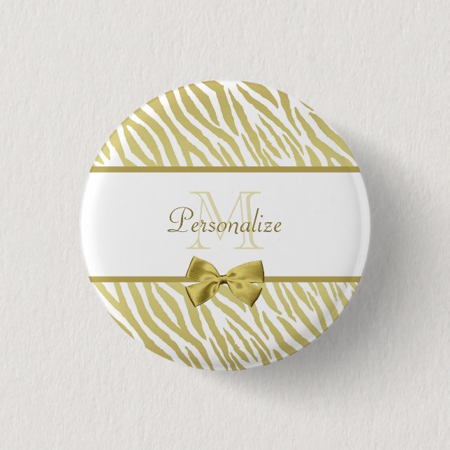 Bezaubernder Weißund Goldzebra-Druck mit Namen Button (Vorderseite)