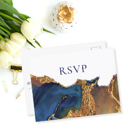 Bezauberndes Abstraktes Blue Gold Hochzeit RSVP Einladungspostkarte