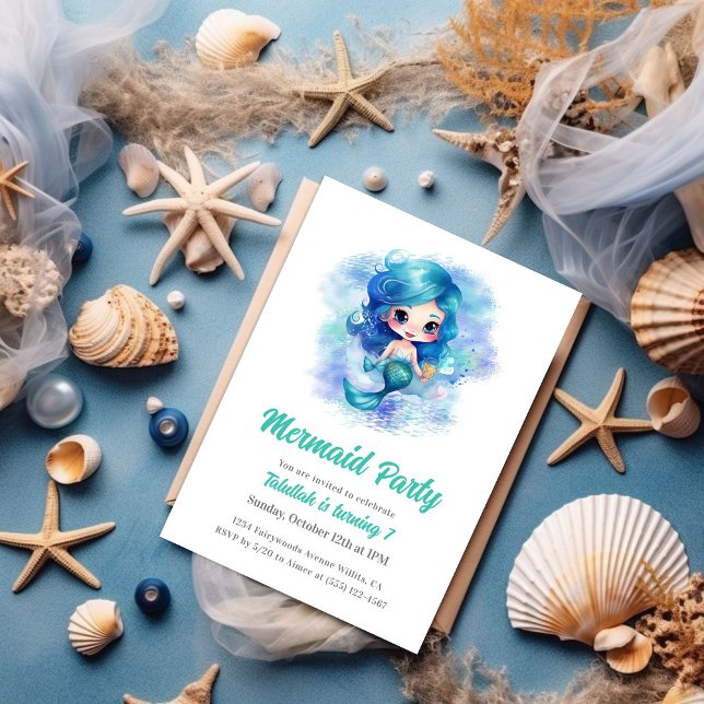 Bezauberndes Blue Mermaid Kindergeburtstag Party Einladung (Von Creator hochgeladen)