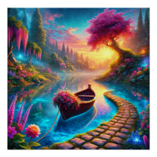 Bezauberndes Blumenboot auf Serene Waters Fantasy Poster