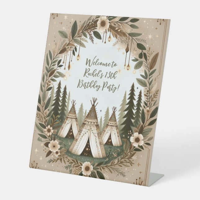 Bezauberndes Boho Forest Teepee Sleepover Party Sockelschild (Vorderseite)