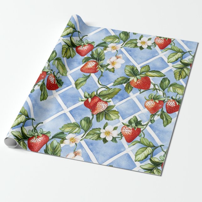 Bezauberndes Erdbeermuster & Leaf Muster - Vintag  Geschenkpapier (Ungerollt)