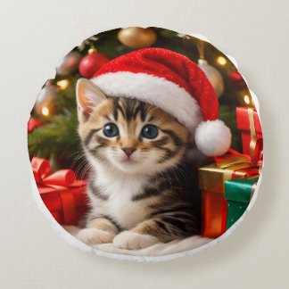 Bezauberndes Fluffiges Kätzchen Weihnachtsdekorati Rundes Kissen
