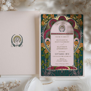Bezauberndes Forest Art Déco Hochzeit Einladung
