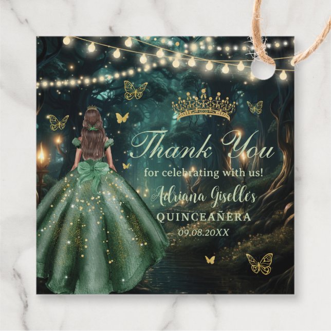 Bezauberndes Forest Emerald Green Dress Quinceañer Geschenkanhänger (Rückseite)