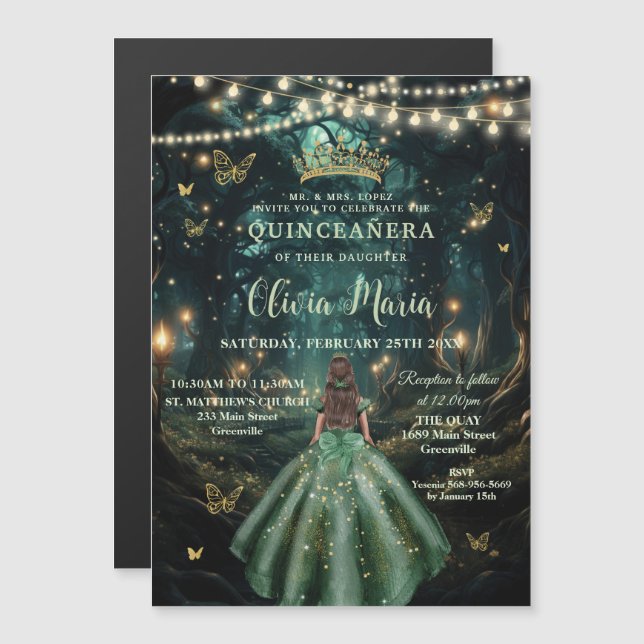 Bezauberndes Forest Emerald Green Dress Quinceañer Magneteinladung (Vorne/Hinten)