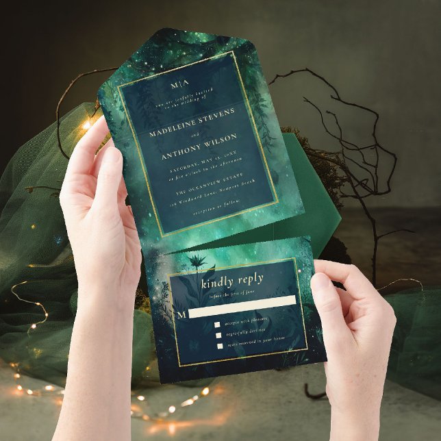 Bezauberndes Forest Fairytale Greenery Gold Weddin All In One Einladung (enchanted forest wedding invitation seal send romantic greenery all one green gold magical woods)