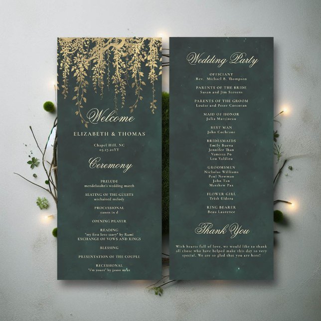 Bezauberndes Forest Gold Vine Elegantes Hochzeitsp (wedding program ceremony card enchanted forest fairytale gold vines calligraphy)