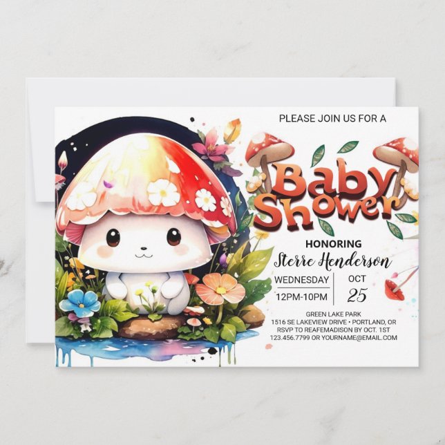 Bezauberndes Forest Mushrooms Baby Showe Einladung (Vorderseite)