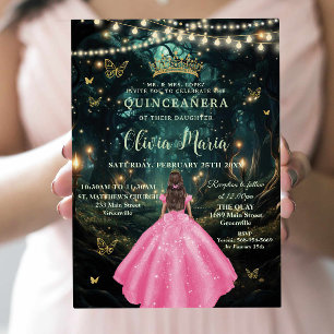 Bezauberndes Forest Pink Dress Girl Gold Quinceañe Einladung