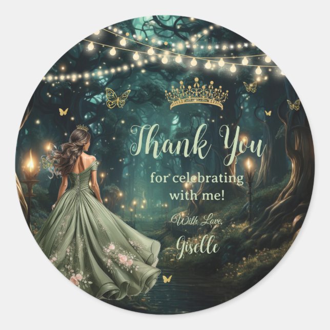 Bezauberndes Forest Sage Green Dress Quinceañera Runder Aufkleber (Vorderseite)