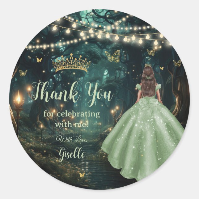 Bezauberndes Forest Sage Green Dress Quinceañera Runder Aufkleber (Vorderseite)