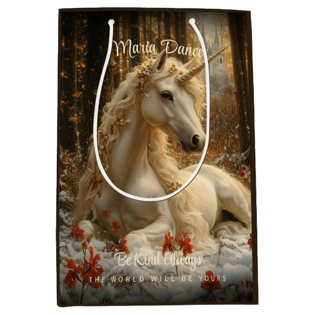 Bezauberndes Forest Unicorn Burg Fairytale Mittlere Geschenktüte (Vorderseite)
