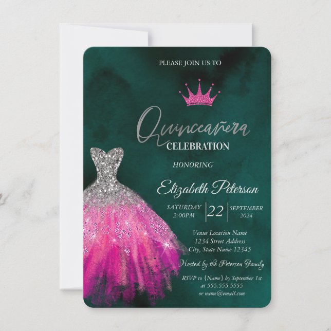 Bezauberndes Glitzer Kleid, Karo Grün Sweet 15 in Einladung (Vorderseite)