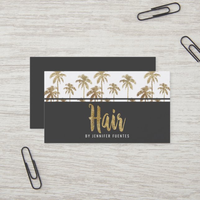 Bezauberndes Goldtropischer Palme-Haar-Stylist Visitenkarte (Vorderseite/Rückseite Beispiel)