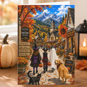 Bezauberndes Herbst-Bergdorf Frohes Halloween Karte