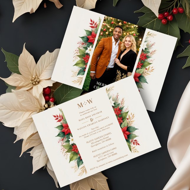 Bezauberndes Holly & Christmas Poinsettias Foto Einladung (Enchanting Holly Branches & Christmas Poinsettias Flowers Photo Faux Golden Wedding Invitations Card)