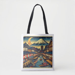 Bezauberndes japanisches Dorf unter Moonlit Fuji Tasche