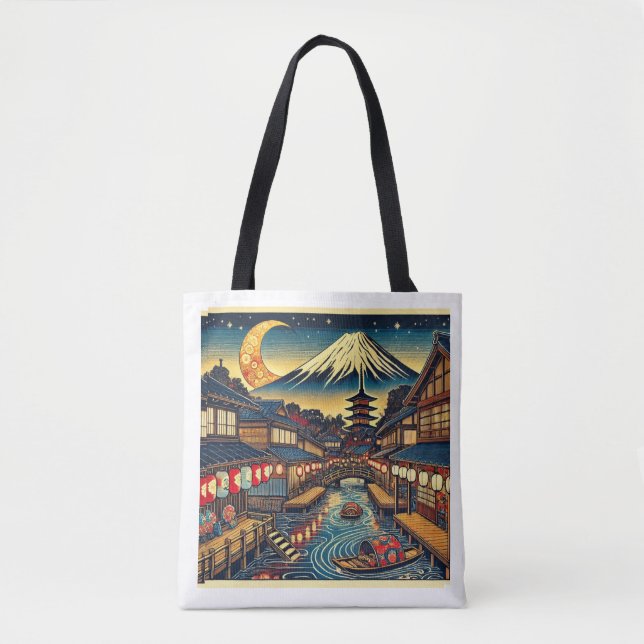 Bezauberndes japanisches Dorf unter Moonlit Fuji Tasche (Vorderseite)
